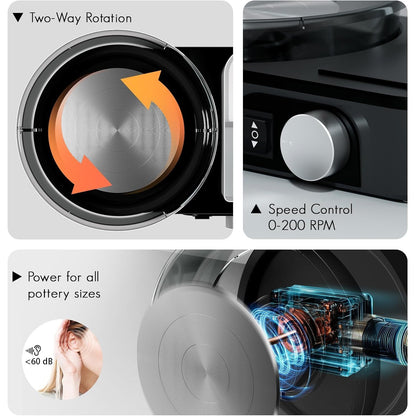 Roata de olar electrica, set complet ceramica, 0-200 RPM, functionare silentioasa <60 dB, cu 1 kg lut si accesorii (unelte, vopsea, pensule), tava detasabila, pentru incepatori si profesionisti, DIY, negru