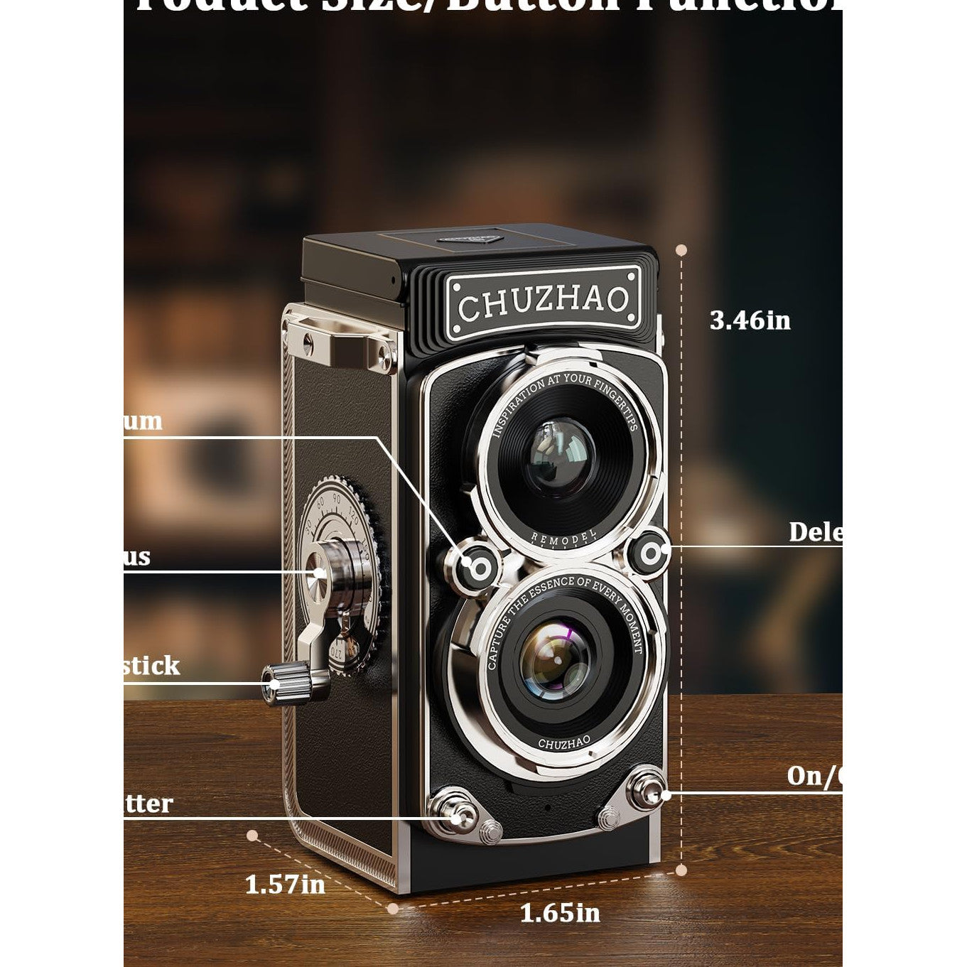 Camera digitala mini stil retro, 1080p FHD, 12 MP, cu manivela pentru focus, acumulator 1000 mAh, card memorie de 16 GB, filtru alb/negru, 8, 8 x 4.2 x 4 cm
