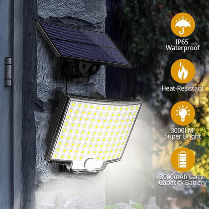 Set de 2 lampa solara LED cu panou solar, 6500K, 650 LM, unghi iluminare de 180°, 188 LED-uri, senzor de miscare, impermeabila IP65, cu telecomanda, cablu de 5 m, acumulator 2000 mAh, Clasa de energie A