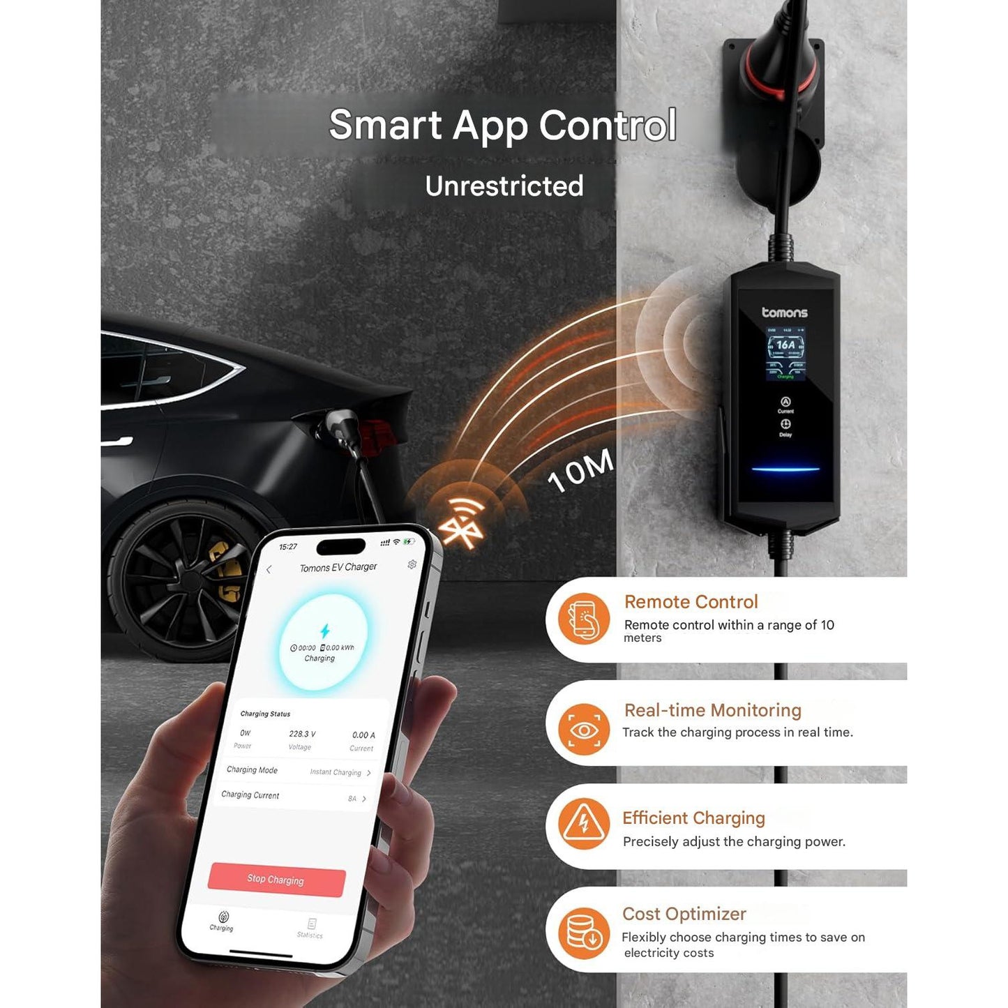 Statie de incarcare portabila EV Tomons 11kW (Mobile Wallbox), Type 2 7m, 400V trifazic 6-16A reglabil, aplicatie Bluetooth, ecran LCD 2.4”, IP65, timer, compatibil Tesla Model 3/Y, VW ID.3/4/5/7