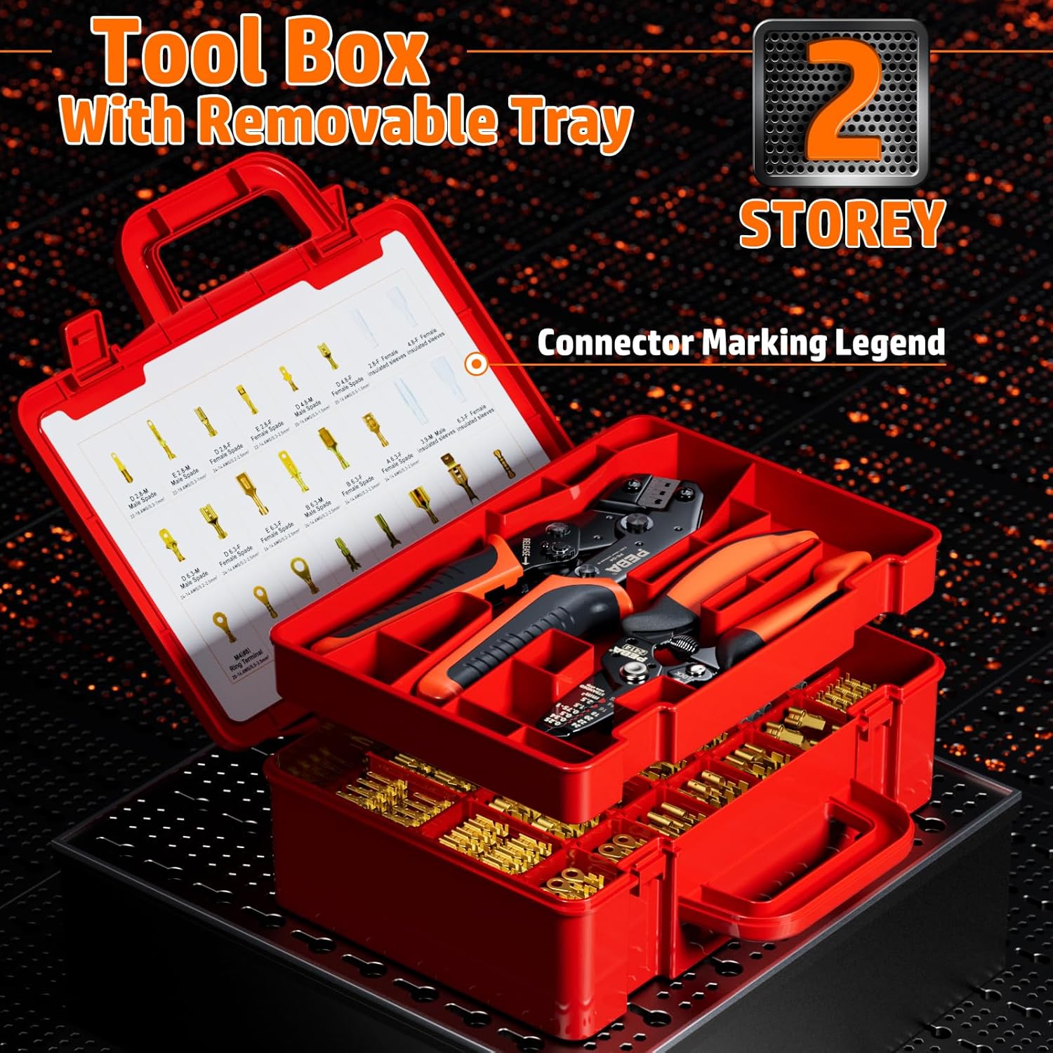 Set cleste sertizare cu 20 tipuri de conectori spada, pini de 2,8 / 3,9 / 4,8 / 6,3 mm, cleste de sertizare 0,25-2,5 mm², cu cleste multifunctional pentru dezizolat fire 0.25 - 2.5 mm², in cutie de transport si depozitare