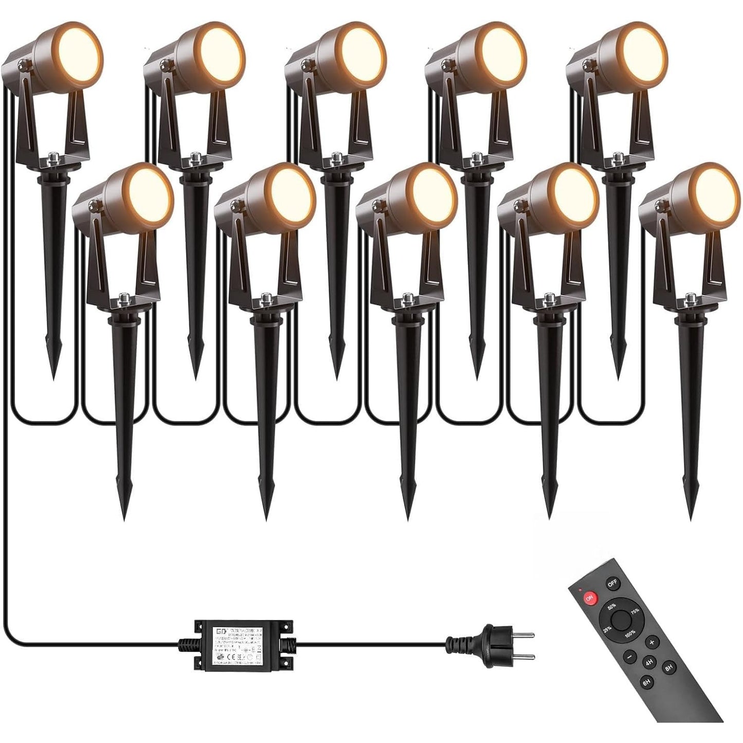 Set 10 proiectoare LED pentru gradina, 35 m, 3W/buc, lumina alb cald 3000K, reglare intensitate luminoasa din telecomanda 0–100%, temporizator 4/6/8h, IP65, 27V, alimentare la retea, negru