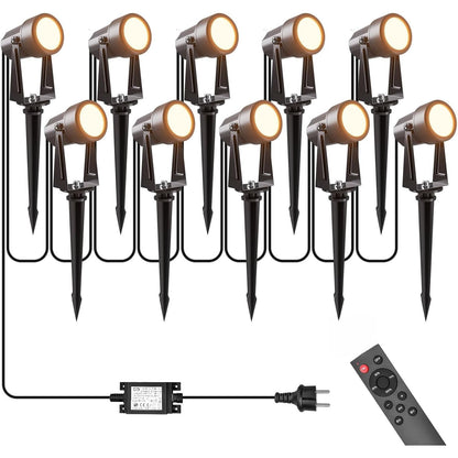 Set 10 proiectoare LED pentru gradina, 35 m, 3W/buc, lumina alb cald 3000K, reglare intensitate luminoasa din telecomanda 0–100%, temporizator 4/6/8h, IP65, 27V, alimentare la retea, negru