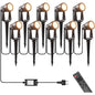 Set 10 proiectoare LED pentru gradina, 35 m, 3W/buc, lumina alb cald 3000K, reglare intensitate luminoasa din telecomanda 0–100%, temporizator 4/6/8h, IP65, 27V, alimentare la retea, negru