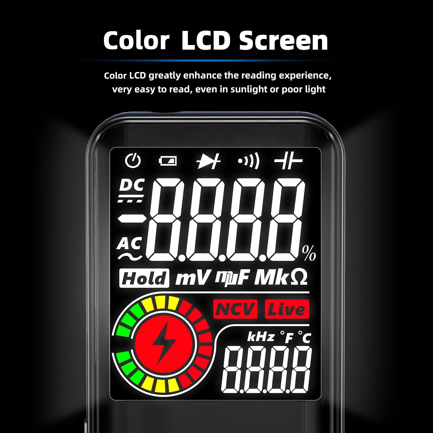 Multimetru digital smart, tester cu selectarea automata a parametrilor, 9999 counts, ecran LCD 3.5 inch, True RMS, NCV, AC, DC, design slim