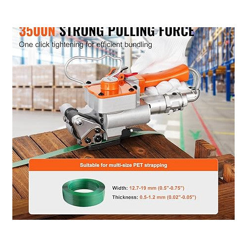 Aparat pneumatic de legat banda PP/PET, latime 12, 7-19 mm, forta mare intindere 3500N, presiune 0, 5-0, 8 MPa, pentru hartie, aluminiu, otel, lemn, fibre chimice, bumbac, panouri din lemn, marmura, caramizi