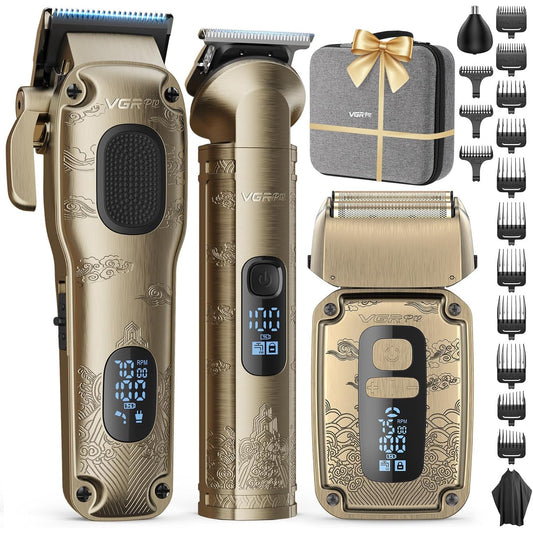 Set masina de tuns profesionala VGRPRO 3 in 1 masina de tuns, trimmer si aparat de ras cu folie, 4 viteze pana la 7500 RPM, motor puternic, 15 accesorii, impermeabil IPX7, display LED, baterie reincarcabila, fara fir, pentru par si barba