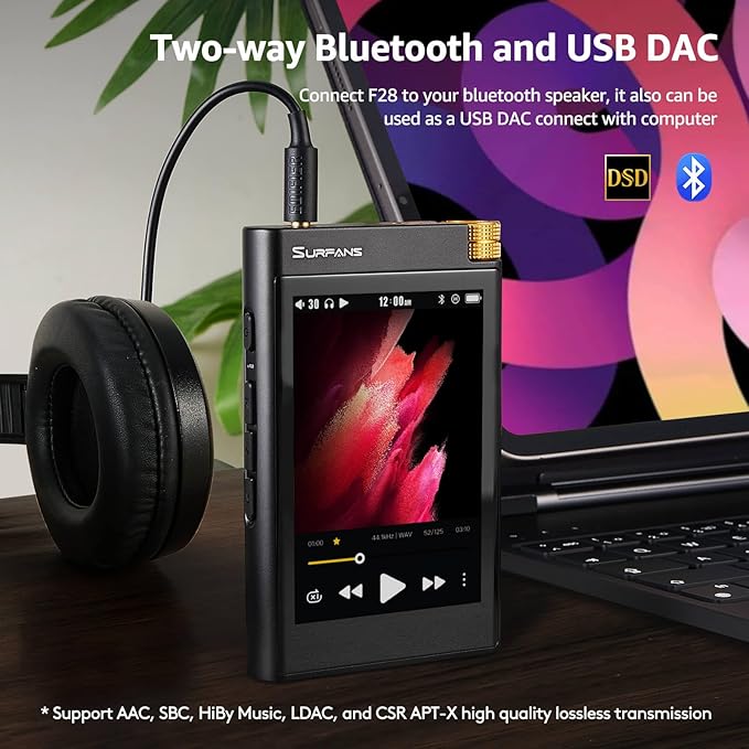 MP3 Player Surfans F28, Hi-Fi, Bluetooth, ecran tactil 3,5 inch, 32 GB, 2000 mAh, suporta card pana la 512 GB