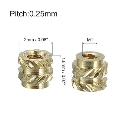 Insertii filetate din alama QUARKZMAN M1 x 0.25, Ø2 x 1.8 mm, set 100 buc, piulite moletate termofixabile pentru plastic, heat set inserts pentru imprimare 3D, filet metric interior, montaj prin caldura sau ultrasunete, rezistente la coroziune