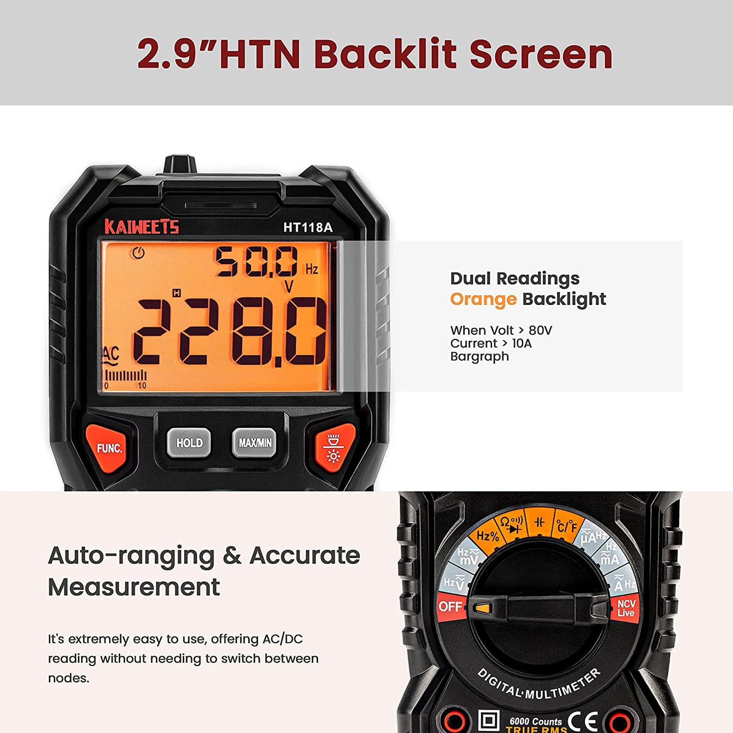Multimetru digital CAT III 1000V CAT IV 600V True RMS, lumina LED, gama automata 6000 Counts, AC/DC, temperatura, capacitate, frecventa, rezistivitate, continuitate, NCV, Kaiweets HT118A