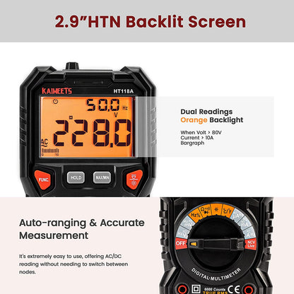 Multimetru digital CAT III 1000V CAT IV 600V True RMS, lumina LED, gama automata 6000 Counts, AC/DC, temperatura, capacitate, frecventa, rezistivitate, continuitate, NCV, Kaiweets HT118A