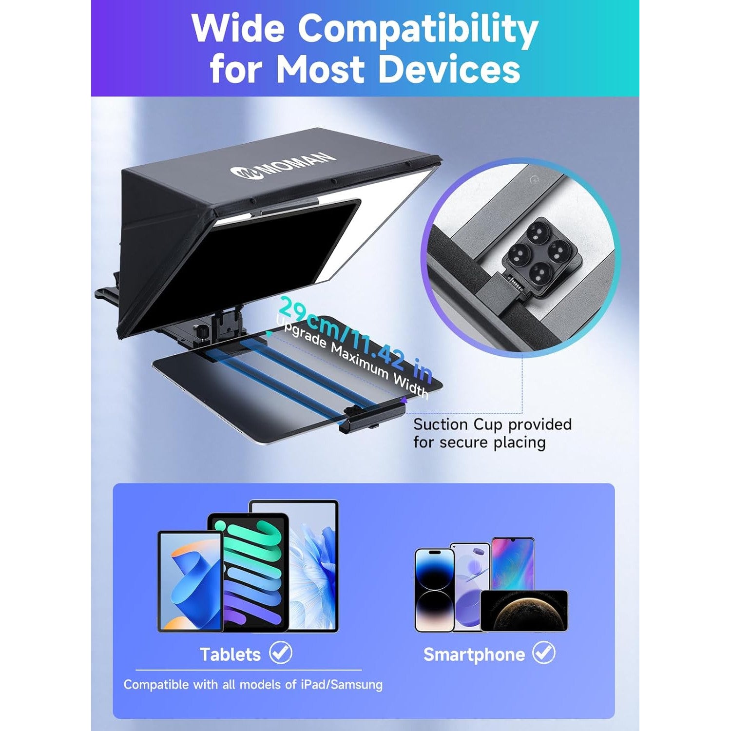 Kit teleprompter de 16 inch, Moman MT16, pentru camere DSLR, cu telecomanda, compatibil cu iPad, tableta, smartphone cu aplicatie, din metal, cu montura 1/4 inch si geanta de depozitare si transport