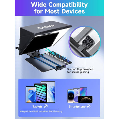 Kit teleprompter de 16 inch, Moman MT16, pentru camere DSLR, cu telecomanda, compatibil cu iPad, tableta, smartphone cu aplicatie, din metal, cu montura 1/4 inch si geanta de depozitare si transport