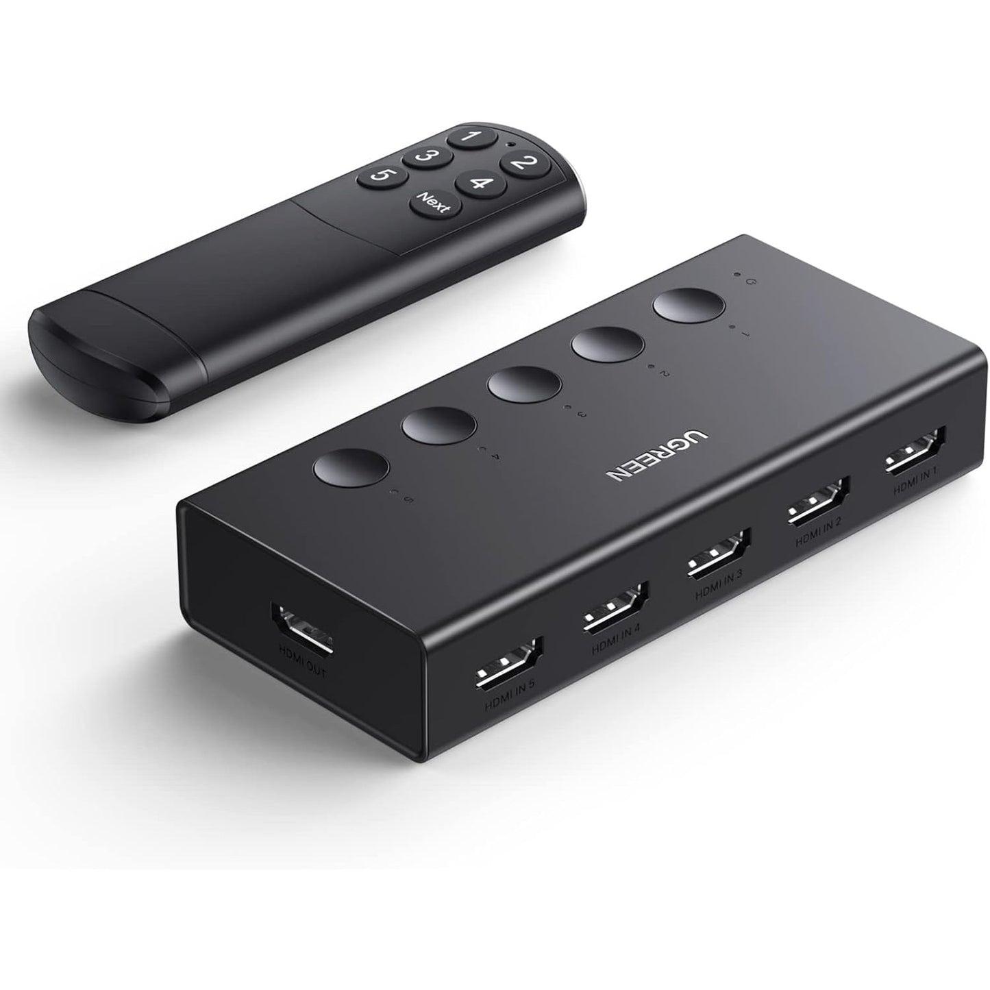 Switch HDMI UGREEN 5 intrari 1 iesire, HDMI 2.0, 4K 60Hz, 18Gbps, HDR/CEC/HDCP 2.2, 3D, telecomanda IR, comutare rapida PS5/PS4/Xbox/Apple TV/Blu-ray/DVD, compatibil TV/monitor/proiector, alimentare USB-C 5V