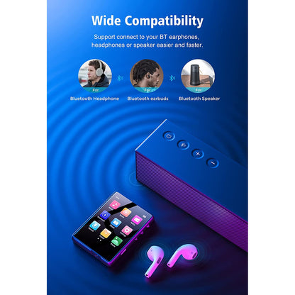 MP3 Player cu touchscreen 2,4 inci, 32 GB, Bluetooth 5.0, HiFi audio, portabil, cu difuzor, Radio FM, suporta card pana la 128GB, Mechen
