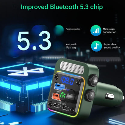 Modulator FM Bluetooth 5.3 SONRU pentru masina, incarcare rapida PD 36W si QC 3.0 18W, hands-free, HiFi Bass, redare USB/U-Disk, lumini LED 7 culori, apeluri wireless, compatibil iPhone, Samsung, Xiaomi, USB-C si USB-A