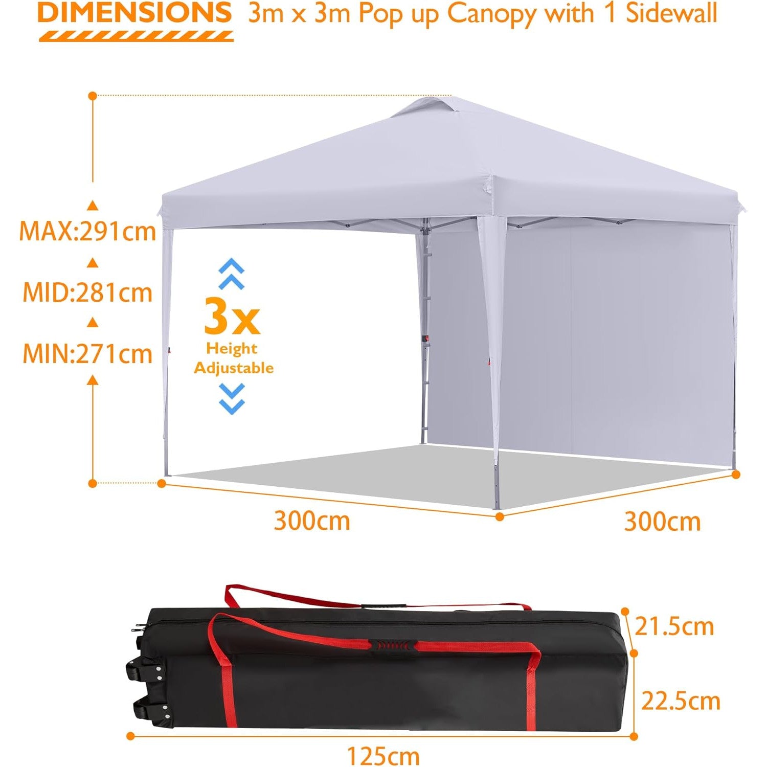 Cort pavilion de gradina cu perete lateral, 3 x 3 m, reglabil pe inaltime, protectie UPF 50+, design portabil cu geanta de transport, multifunctional