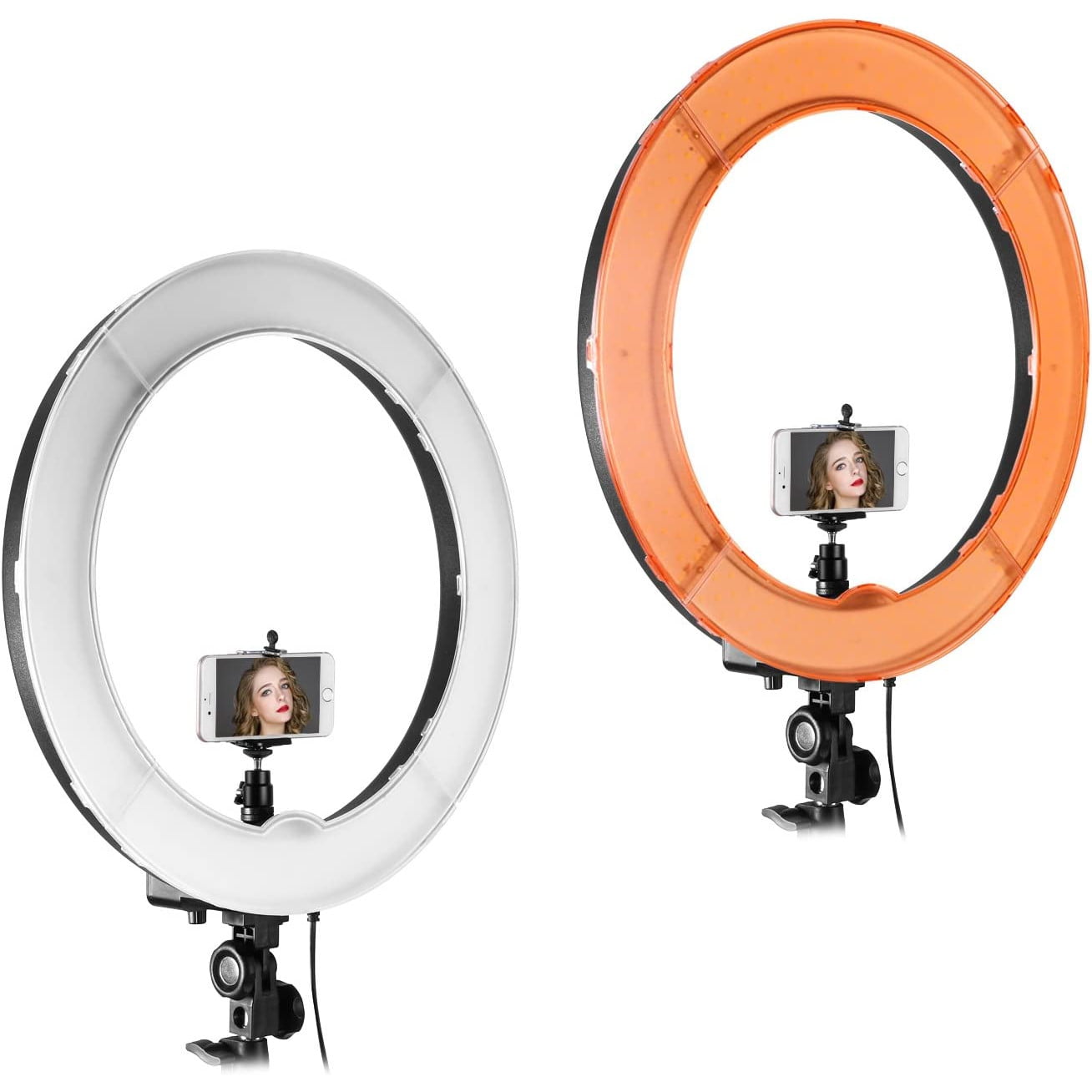 Set lampa circulara LED ring light 18 inch 55W 5500K, dimabil 1-100% cu trepied reglabil, filtre de culoare portocaliu si alb, suport telefon, adaptor cap trepied, telecomanda Bluetooth