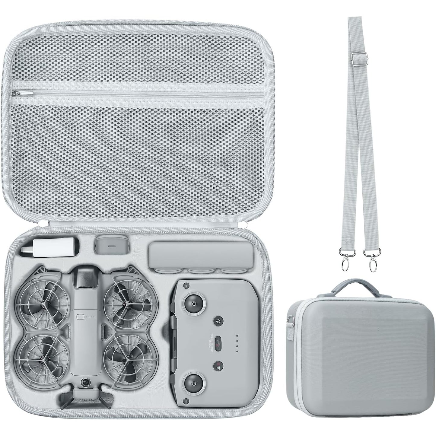 Husa de protectie pentru drona DJI Neo 2, geanta transport compatibila Fly More Combo, controler RC-N3, compartimente pentru accesorii, rezistenta la socuri si stropire, curea de umar, gri