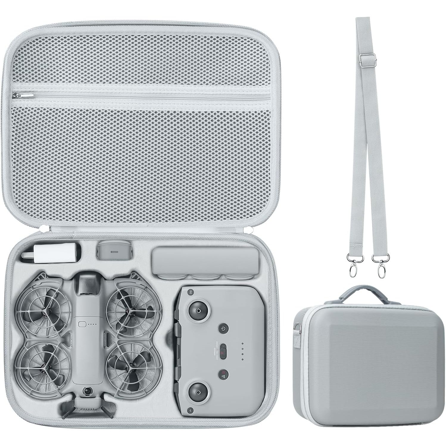 Husa de protectie pentru drona DJI Neo 2, geanta transport compatibila Fly More Combo, controler RC-N3, compartimente pentru accesorii, rezistenta la socuri si stropire, curea de umar, gri
