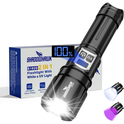 Lanterna 2 in 1 LED/UV reincarcabila 500.000 lumeni cu zoom, 4 moduri, afisaj LCD, reglare intensitate, powerbank, IP67 – Ideala pentru camping, pescuit, inspectii, negru, clasa energetica A