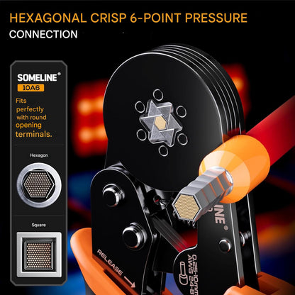 Cleste de sertizare hexagonal SOMELINE cu 1505 terminale conductori izolate 0, 25-10 mm², 28 tipuri, mecanism clichet, falci profesionale, forta reglabila, manson nailon, cupru cositorit, in cutie de depozitare si transport