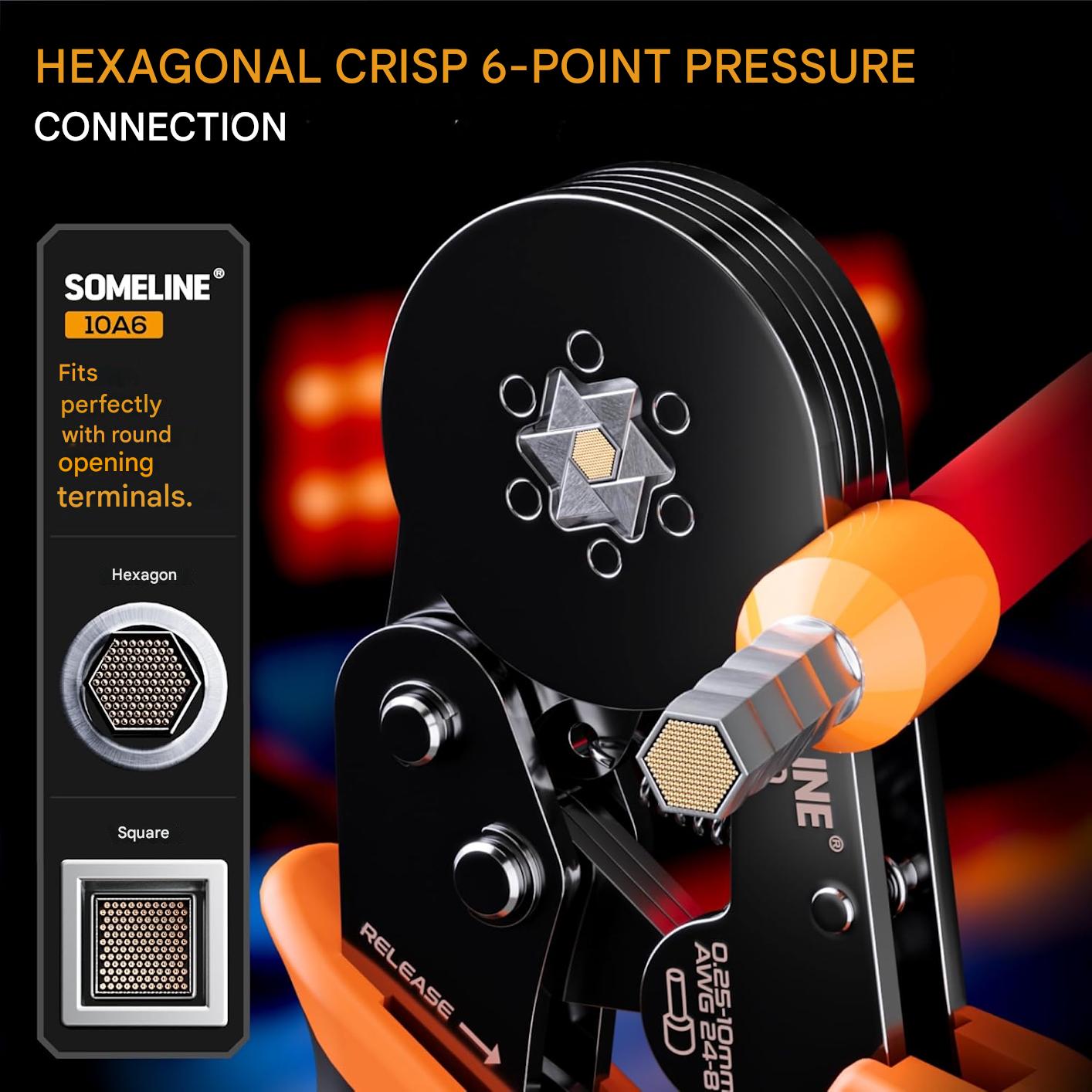 Cleste de sertizare hexagonal SOMELINE cu 1505 terminale conductori izolate 0, 25–10 mm², 28 tipuri, mecanism clichet, falci profesionale, forta reglabila, manson nailon, cupru cositorit, in cutie de depozitare si transport