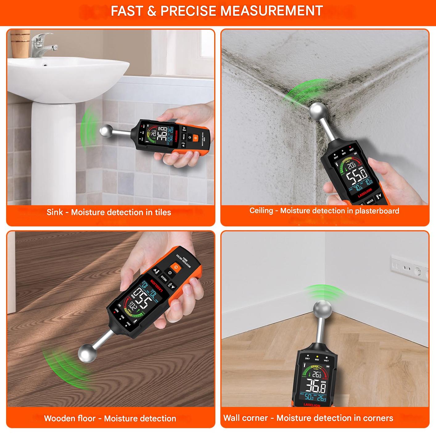 Umidometru, detector de umiditate digital cu ecran LCD, alerta sonora si lanterna LED, 5-40 mm adancime detectare, cu baterii, pentru perete, zidarie, lemn, tencuiala