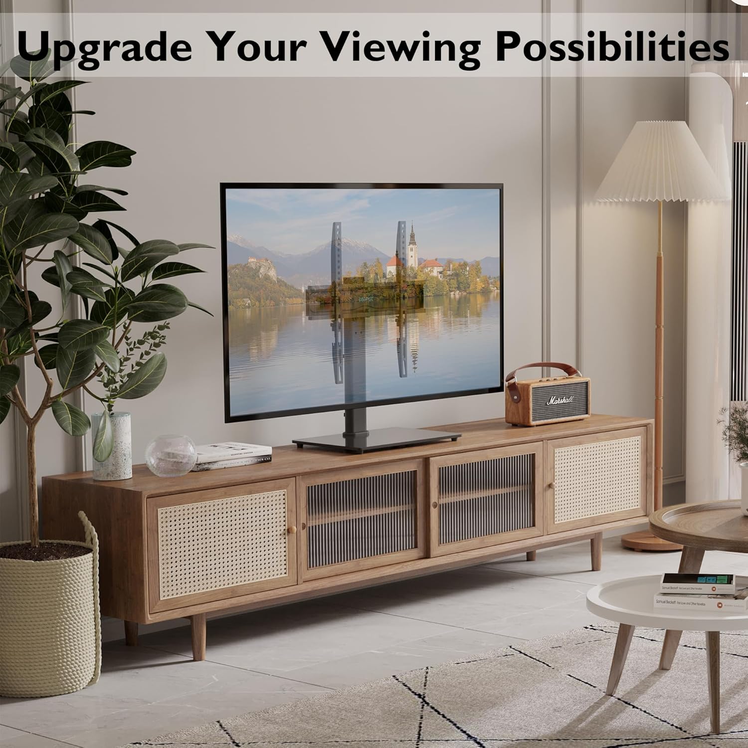 Suport TV cu stand de masa/birou, pentru televizor plat si curbat 26-55 inch, suporta greutate pana la 45 kg, VESA 400 x 400 mm, pivotare 50°, inaltime ajustabila, prinderi din otel, multifunctional