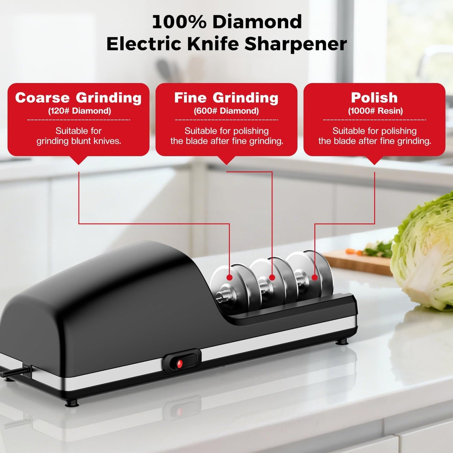 Ascutitor de cutite electric profesional cu disc abraziv din diamant, ascutire rapida, cu 3 caneluri grosier, mediu si fin, ghidaj precis al unghiului, cu compartiment magnetic pentru ramasite