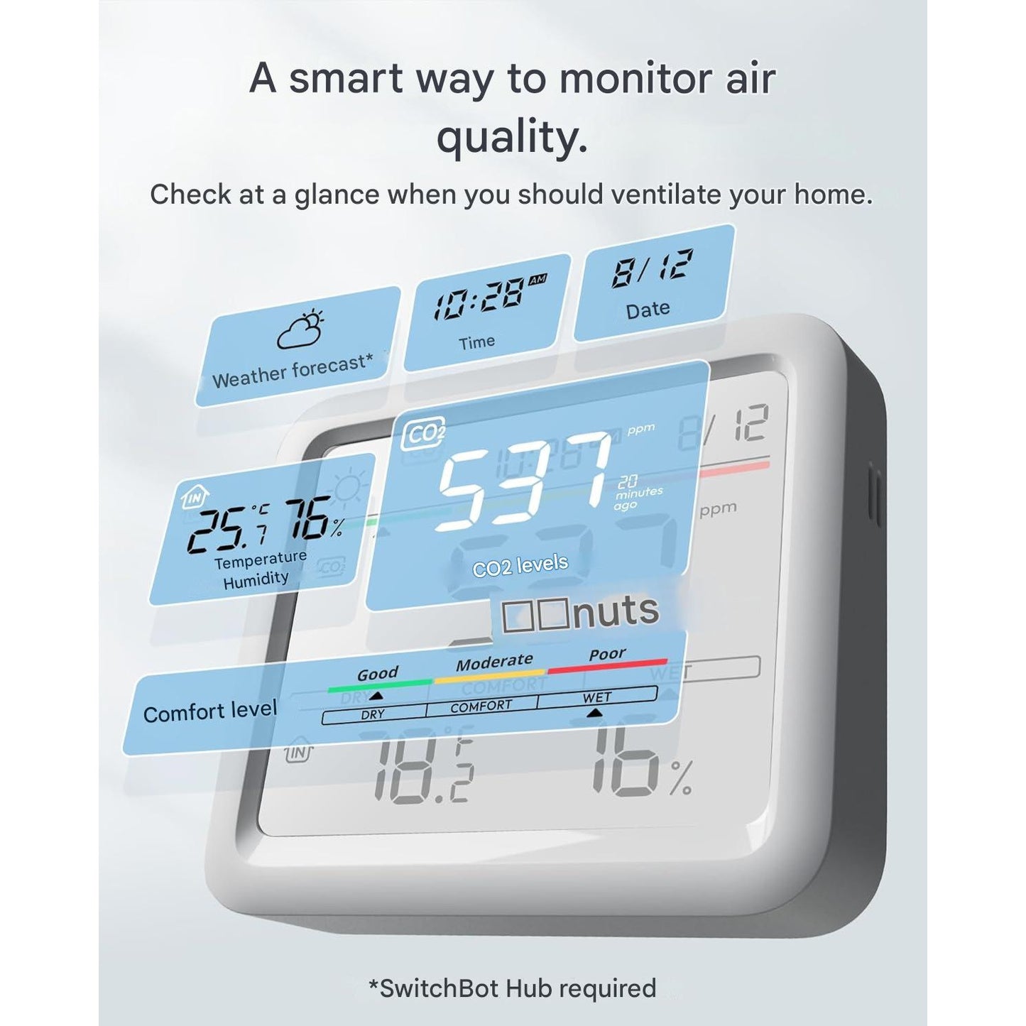 Detector de CO2 WLAN SwitchBot cu termometru-higrometru IP65, senzor CO2 cu aplicatie, alarma, stocare date 2 ani si Bluetooth