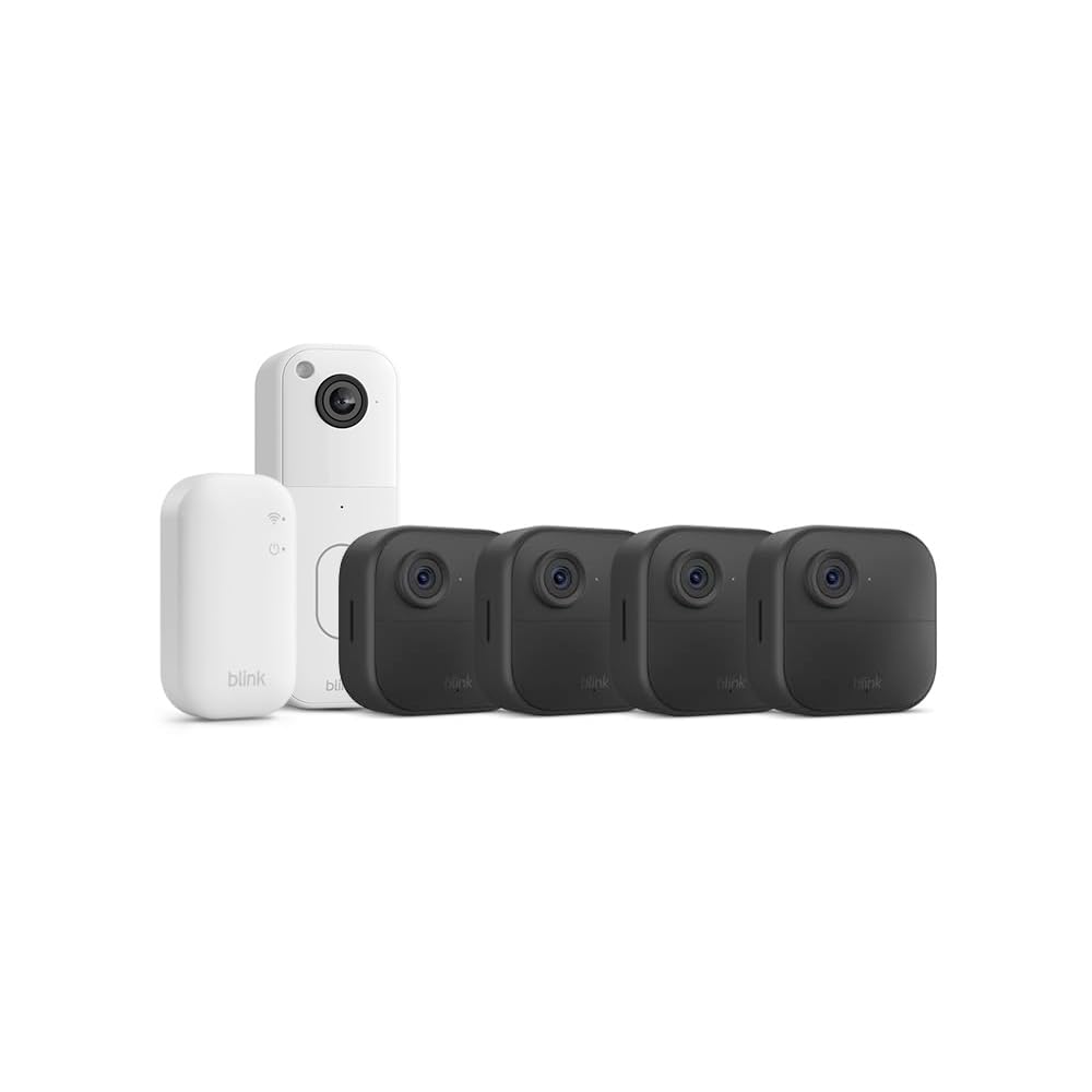 Set 4 camere de supraveghere Blink Outdoor 4 + sonerie video Blink, Wireless, Full HD 1080p, compatibila cu Alexa, vedere nocturna IR, audio bidirectional, detectare miscare si persoane, IP65, modul de sincronizare inclus