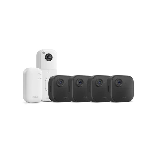 Set 4 camere de supraveghere Blink Outdoor 4 + sonerie video Blink, Wireless, Full HD 1080p, compatibila cu Alexa, vedere nocturna IR, audio bidirectional, detectare miscare si persoane, IP65, modul de sincronizare inclus