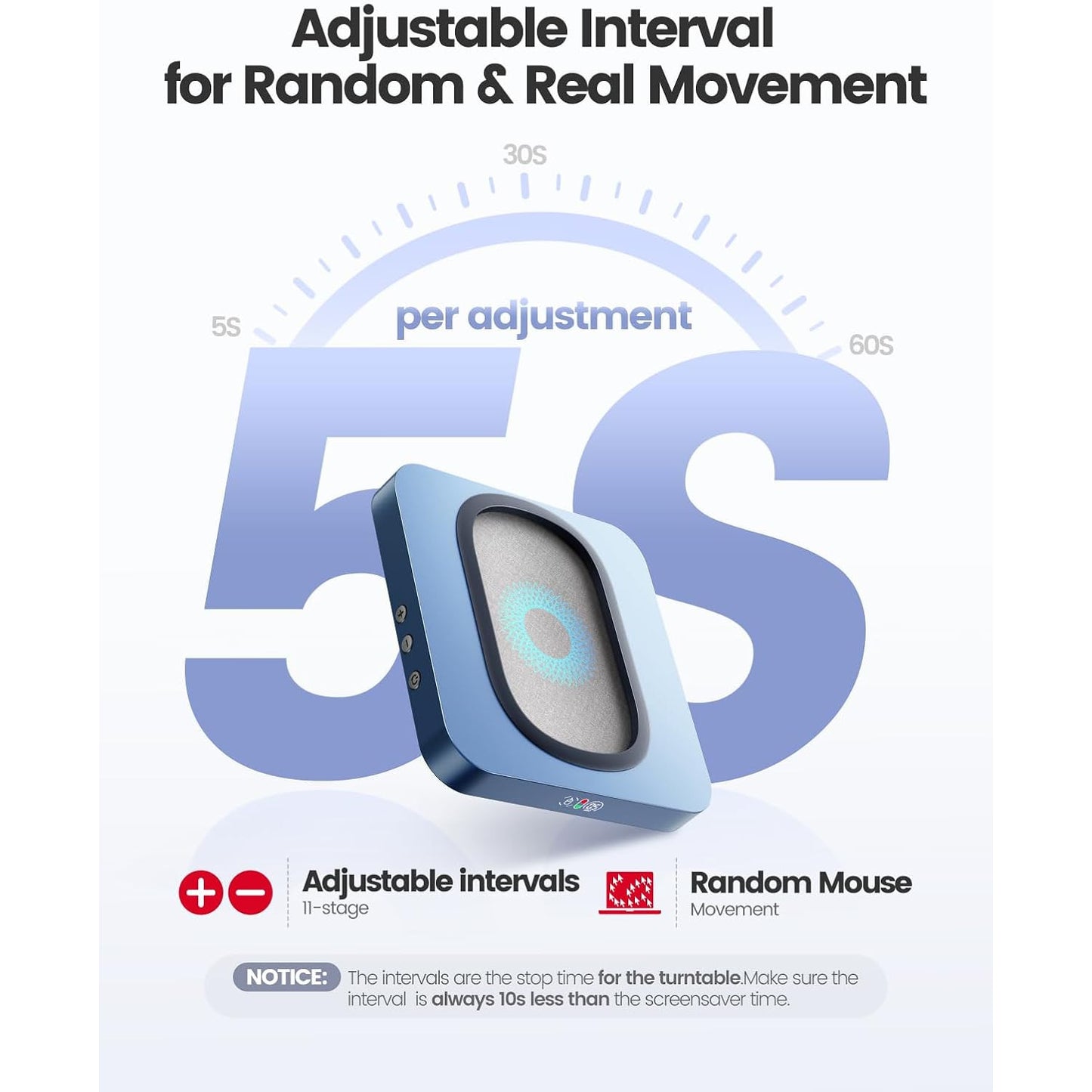 Mouse Jiggler mecanic VAYDEER, dispozitiv anti-sleep PC, mouse mover automat pentru mentinere calculator activ, platan rotativ compatibil orice mouse optic, 11 intervale reglabile, afisaj LED, butoane ON/OFF, alimentare USB, fara drivere, portabil