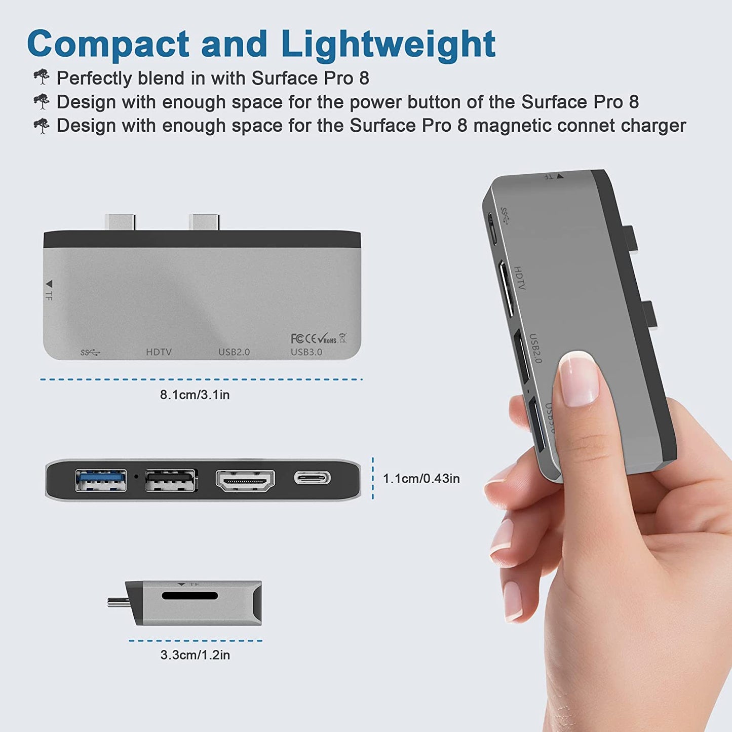 Hub adaptor USB C pentru Surface Pro 8, cu USB C Thunderbolt, HDMI 4K, USB 3.0, USB 2.0, Slot card TF, statie de andocare pentru monitor dual