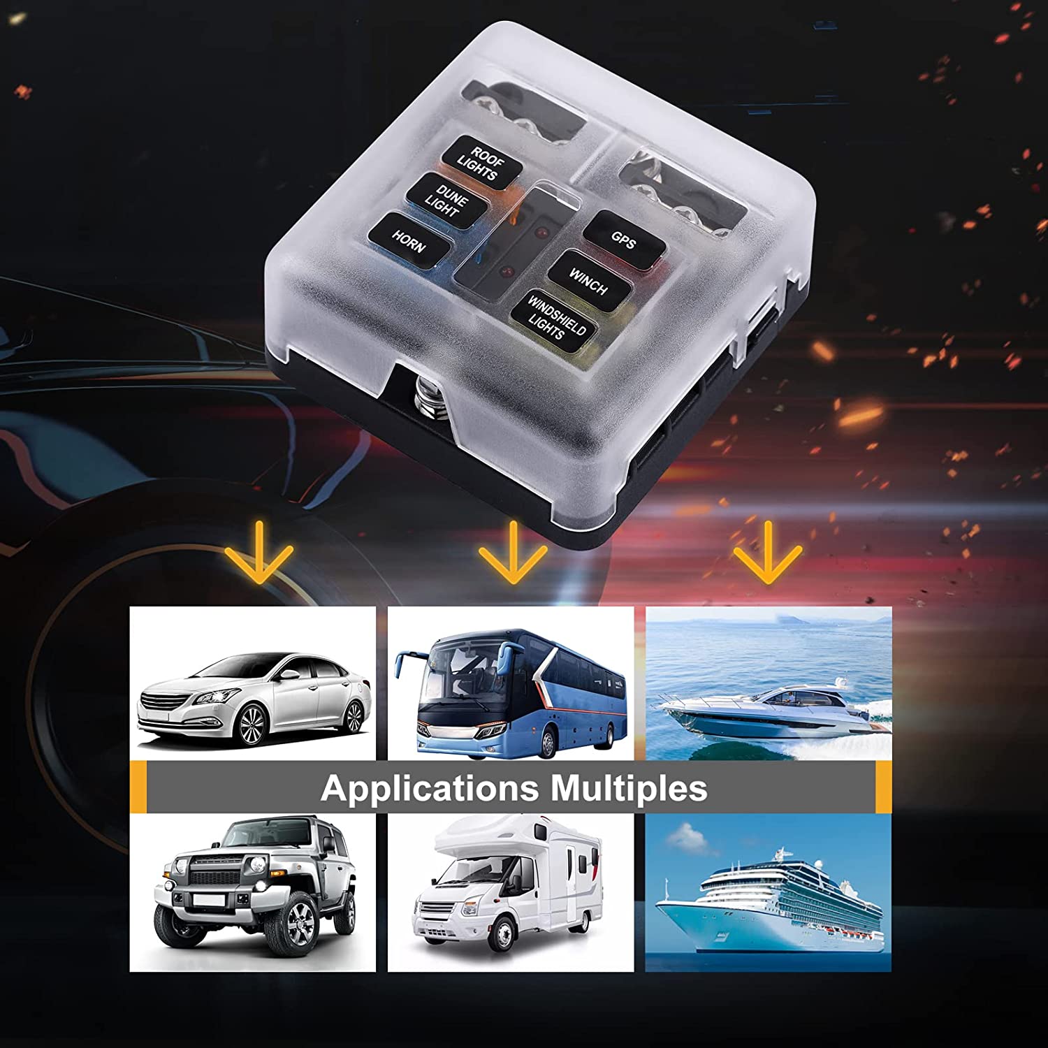 Set panou sigurante auto cu 6 iesiri, 12 V, cu sigurante 5A 10A 15A 20A cu indicator LED si capac de protectie, pentru masina, rulota, barca, autoutilitara, camion