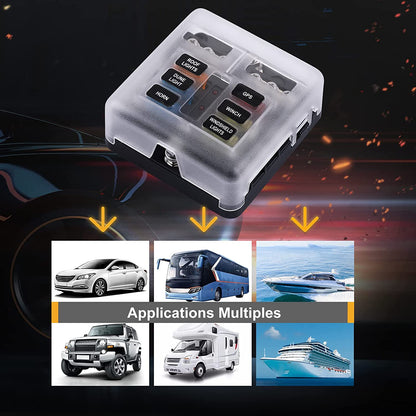 Set panou sigurante auto cu 6 iesiri, 12 V, cu sigurante 5A 10A 15A 20A cu indicator LED si capac de protectie, pentru masina, rulota, barca, autoutilitara, camion
