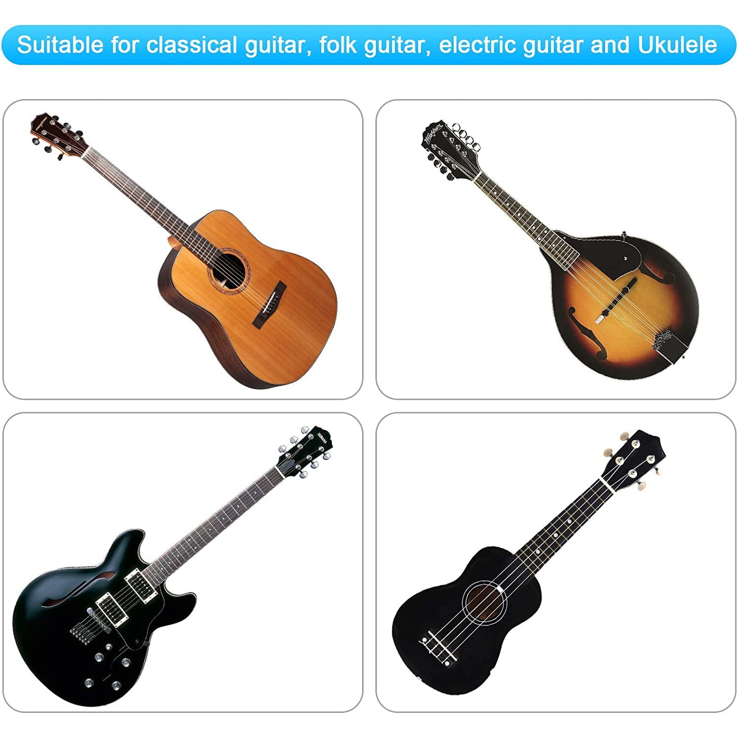 Set accesorii chitara cu 66 de piese, cu acordor, capodastru, pene, corzi pentru chitara, pini, 5 protectii degete din silicon