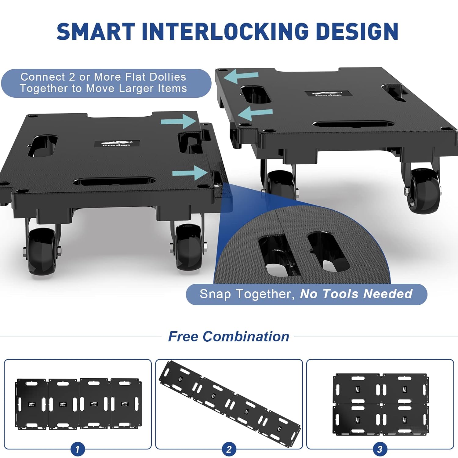 Set 4 carucior transport mobilier, platforma de transport cu roti, sistem de imbinare modular, capacitate totala de pana la 800 kg, cu 8 cordeline elastice, negre
