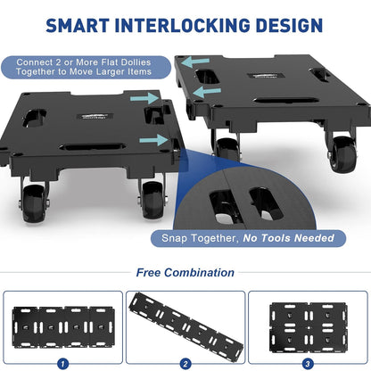 Set 4 carucior transport mobilier, platforma de transport cu roti, sistem de imbinare modular, capacitate totala de pana la 800 kg, cu 8 cordeline elastice, negre