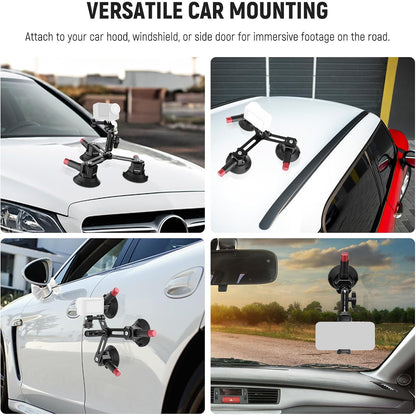 Suport auto cu 3 ventuze pentru camera de actiune si telefon, cu montura cap bila rotativa 360°, sistem eliberare rapida, pentru GoPro, DJI Osmo, Insta360, iPhone, Samsung, negru
