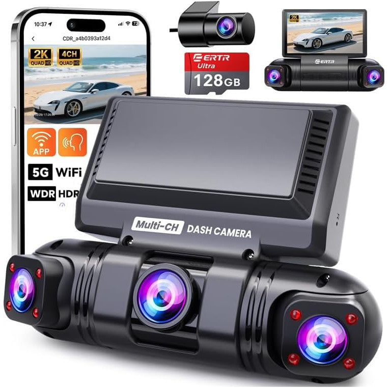 Camera auto de bord wireless, 4 canale, 2K + 3×1080P, Wi-Fi cu aplicatie, unghi filmare 360°, senzor G, 8 LED-uri IR, vedere nocturna, camera video marsarier inclusa in pachet, card SD 128 GB