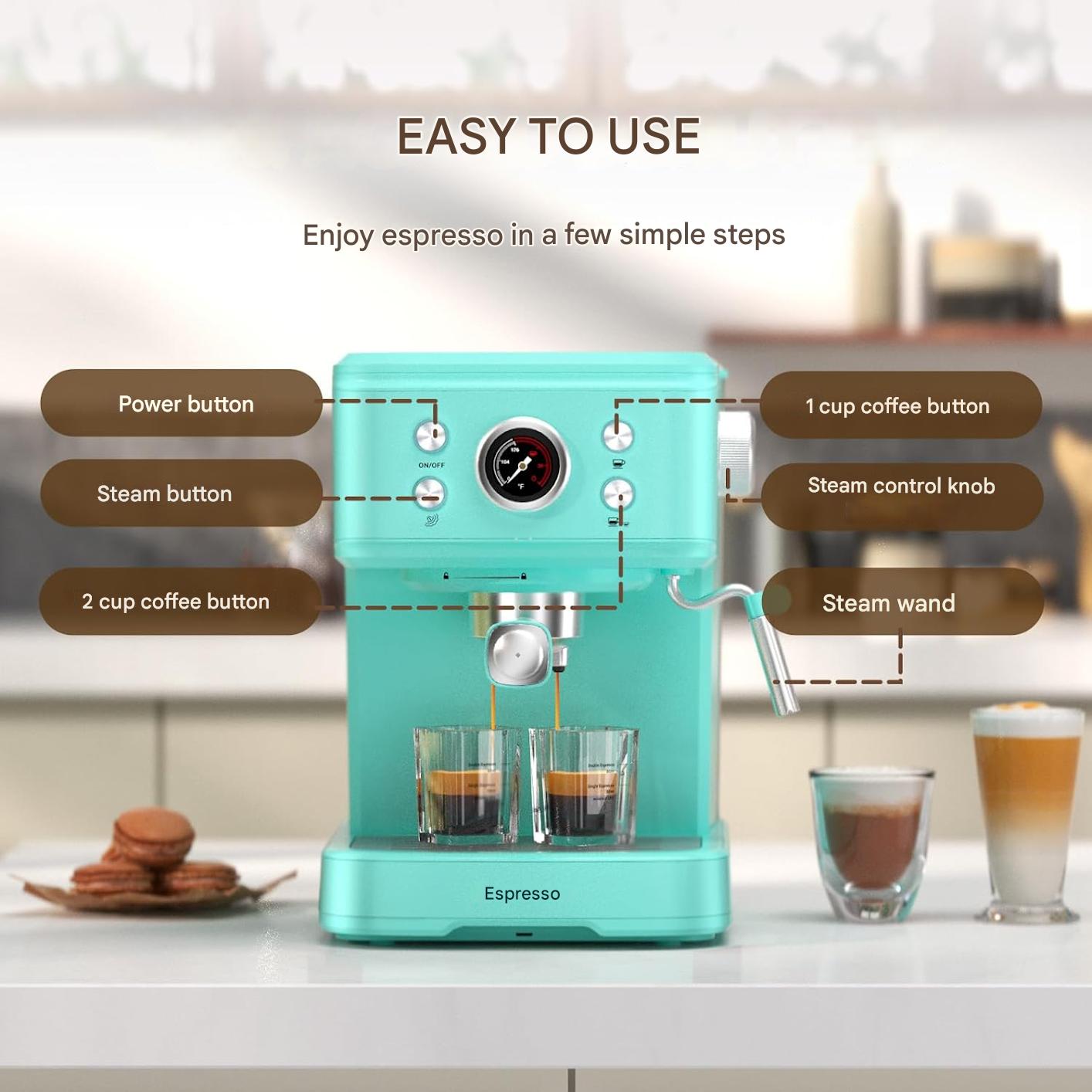 Aparat de cafea cu filtru de espresso Empstorm 20 bar, 1100 W, rezervor de apa de 1, 5 L, spumator de lapte profesional, aparat de espresso pentru cappuccino, latte si macchiato, albastru deschis