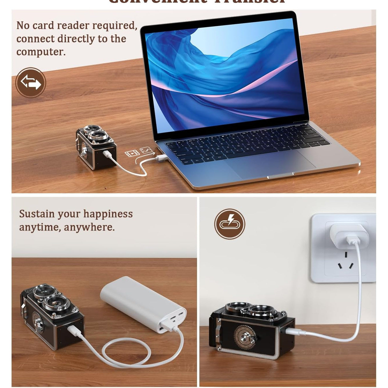 Camera digitala mini stil retro, 1080p FHD, 12 MP, cu manivela pentru focus, acumulator 1000 mAh, card memorie de 16 GB, filtru alb/negru, 8, 8 x 4.2 x 4 cm