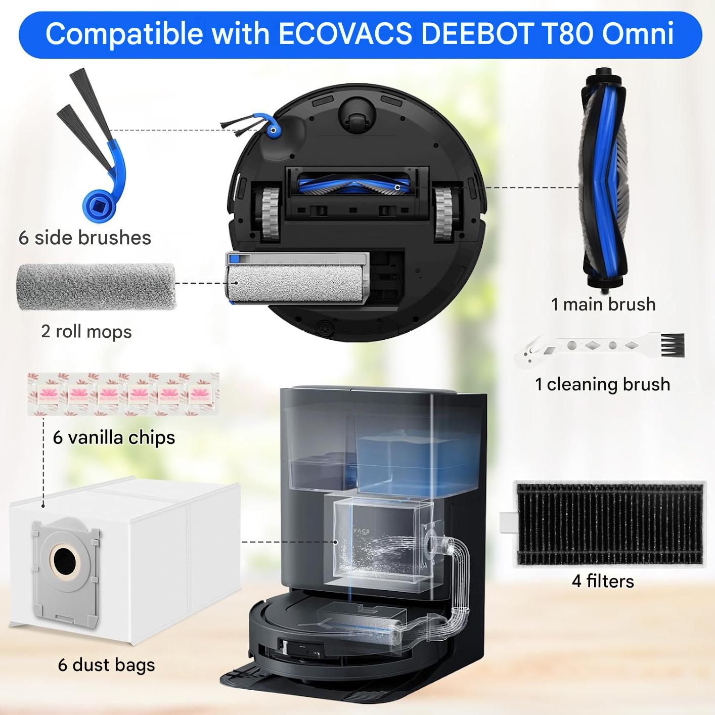 Set 26 accesorii compatibile Ecovacs Deebot T80 Omni, Pure Realm, perie principala, role mop, saci, filtre HEPA, perii laterale, pietre parfumate, piese de schimb robot aspirator