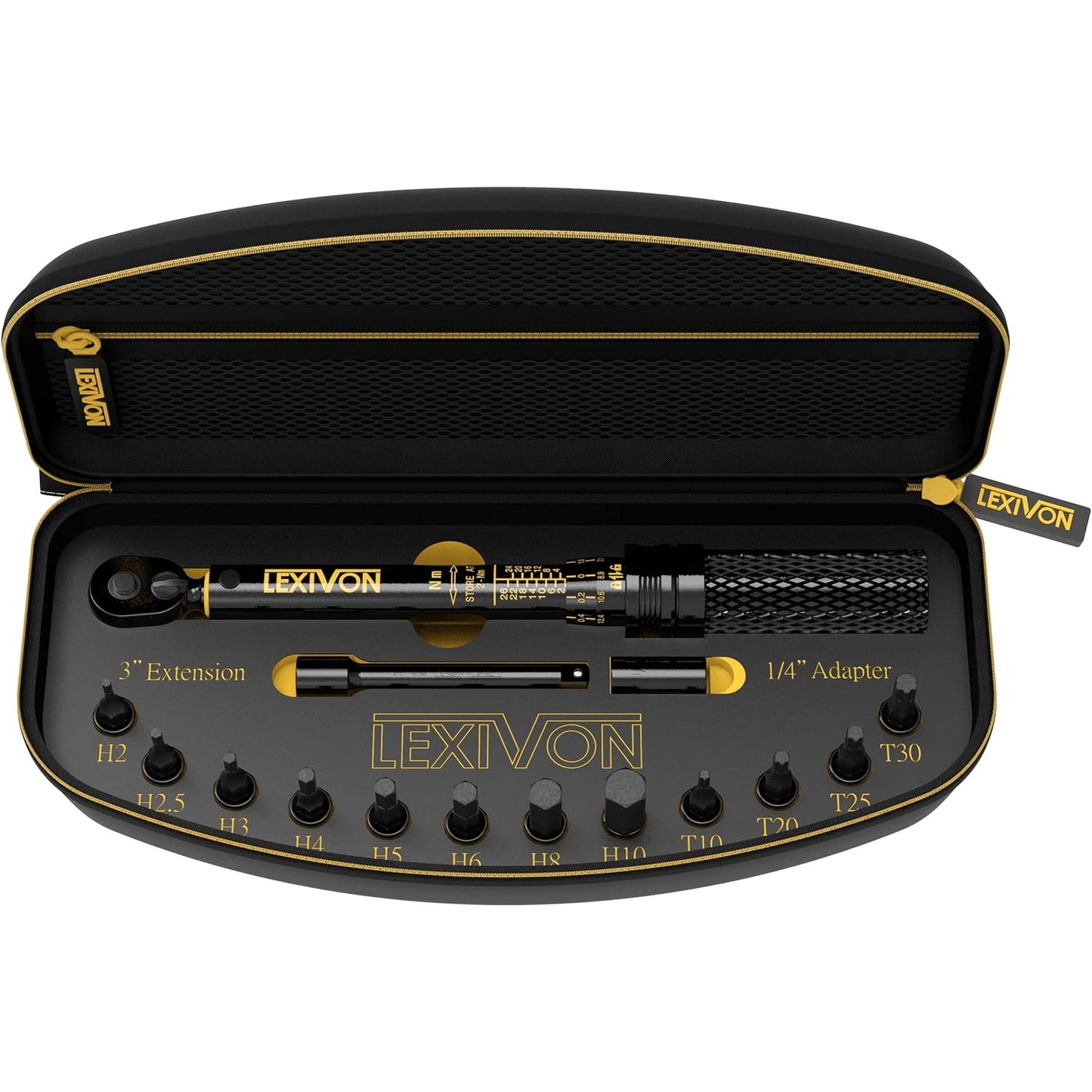 Set cheie dinamometrica 2-26 Nm, cu chei tubulare cu biti torx si hex, adaptor 1/4 inch, extensie de 3 inch, cu clichet, Lexivon LX-191