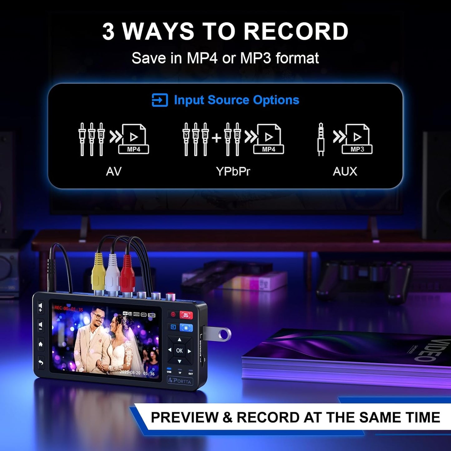 Placa de capura video 1080P – digitalizare casete video grabber VHS/VCR/Hi8/MiniDV/DVR/DVD/camere video/console jocuri si alte dispozitive in format digital, suporta intrari AV/YPbPr/AUX, stocare USB, cu display si telecomanda
