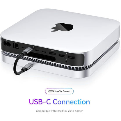 Stand si hub compatibil Mac Mini, cu carcasa SSD STA SATA de 2, 5 inch, 1 port USB-C, 2 porturi USB-A 3.0, 1 port USB-a 2.0, slot card MicroSD/SD, din aluminiu, pentru Mac Mini M1