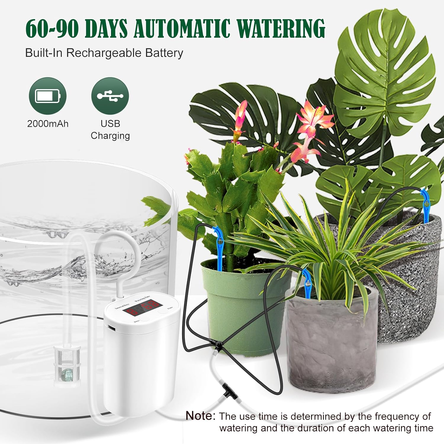 Sistem de irigare prin picurare pentru plante in ghiveci, cu acumulator 2000 mAh reincarcabil USB, furtun de 2m, 16 picuratoare, display LED, alb