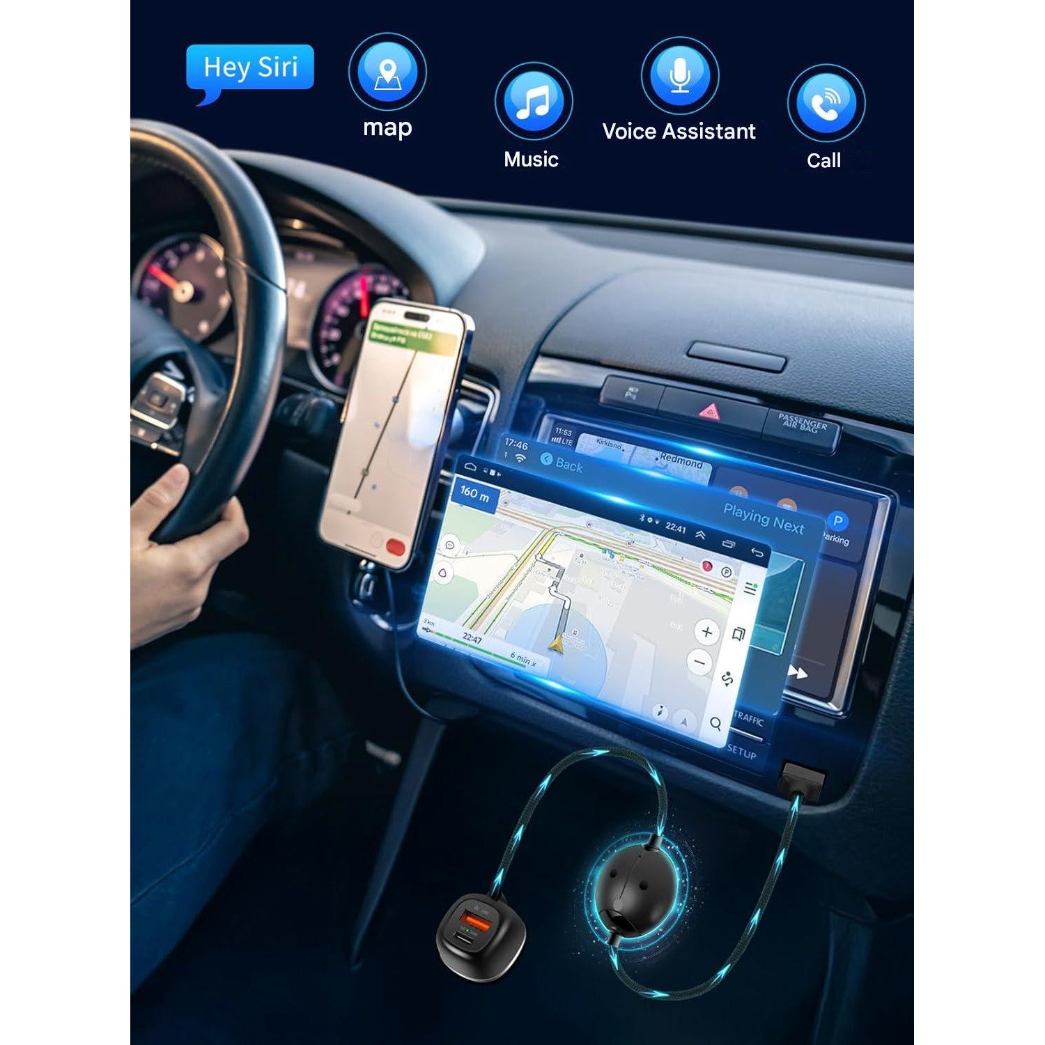 Incarcator auto 3 in 1 cu adaptor auto Apple Carplay si Android Auto, cu 48W Fast Charge USB-C PD si USB-A QC, suporta iPhone iOS 10+ si Android 11+, pentru masini dupa 2015, negru
